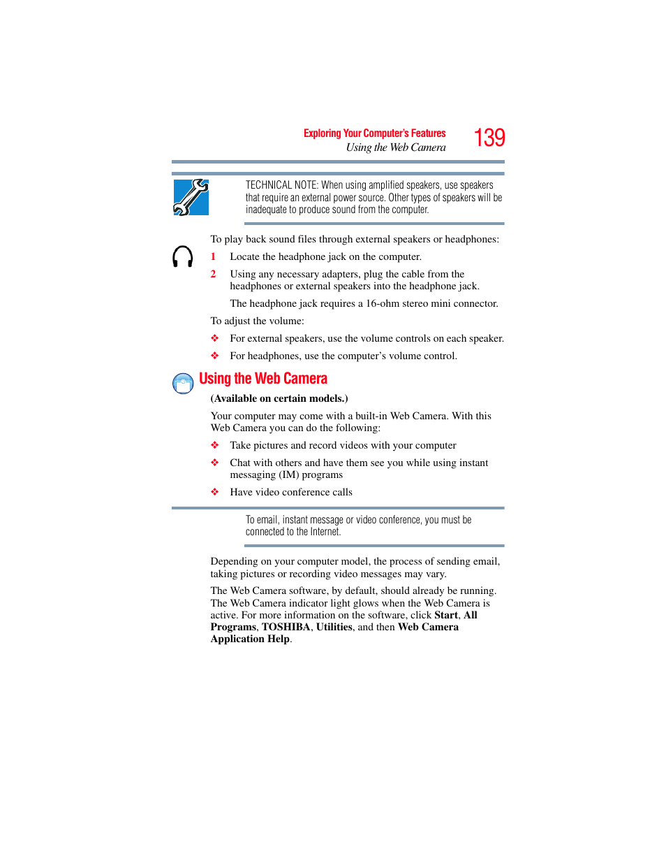 Using the web camera | Toshiba PORTEGE R700 series User Manual | Page 139 / 246
