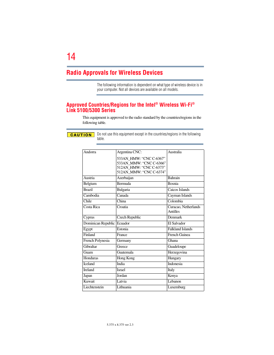 Radio approvals for wireless devices, Approved countries/regions for the intel, Wireless wi-fi | Toshiba PORTEGE R700 series User Manual | Page 14 / 246