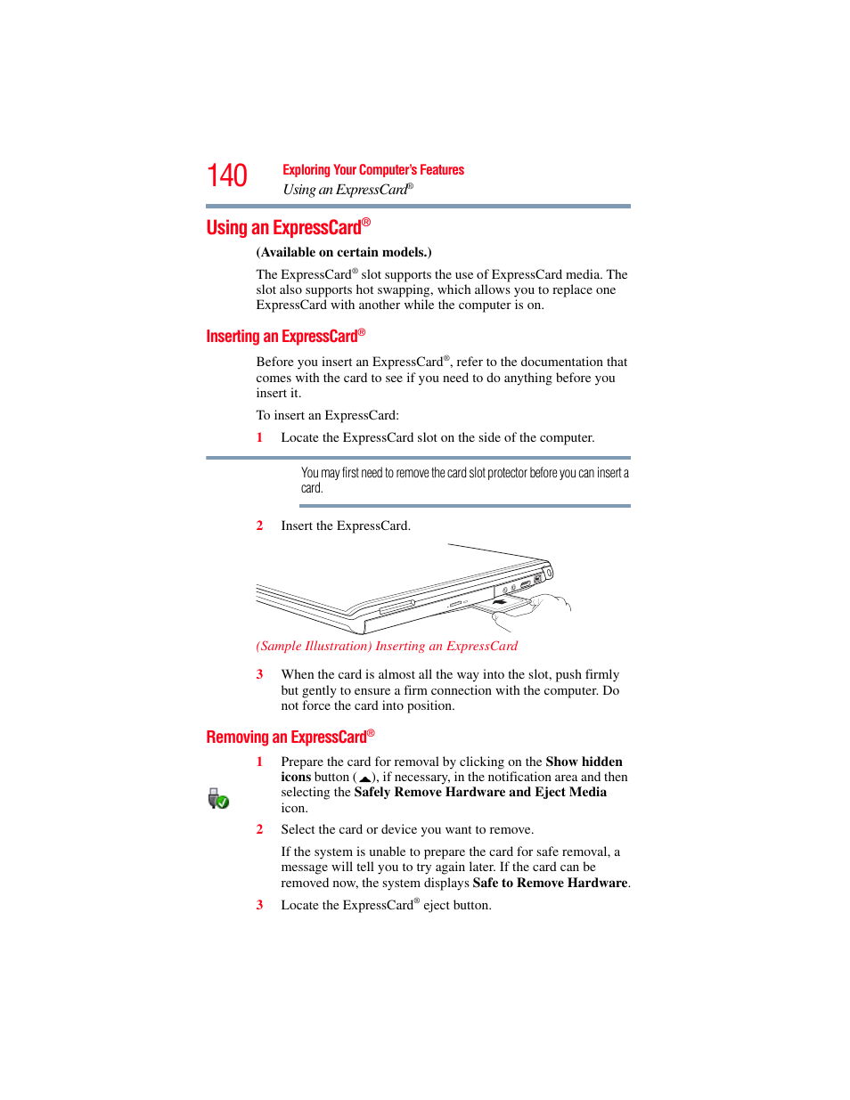 Using an expresscard, Inserting an expresscard, Removing an expresscard | Using an expresscard®” on | Toshiba PORTEGE R700 series User Manual | Page 140 / 246