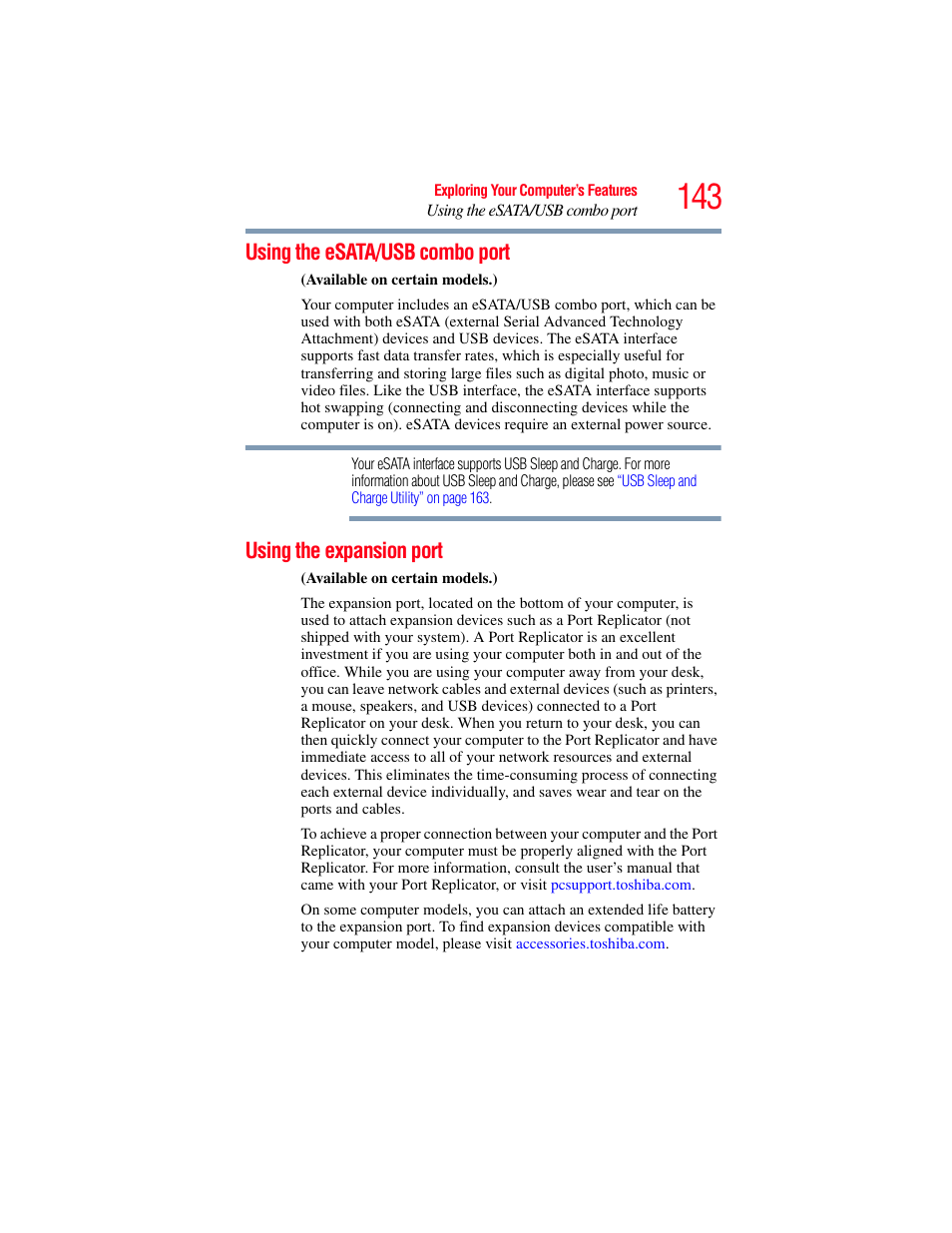 Using the esata/usb combo port, Using the expansion port | Toshiba PORTEGE R700 series User Manual | Page 143 / 246