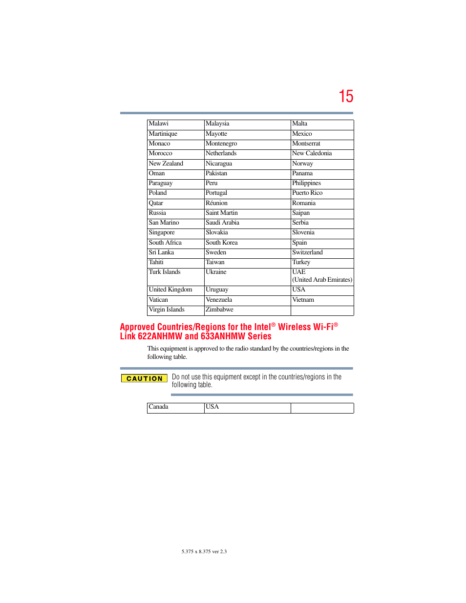 Approved countries/regions for the intel, Wireless wi-fi | Toshiba PORTEGE R700 series User Manual | Page 15 / 246