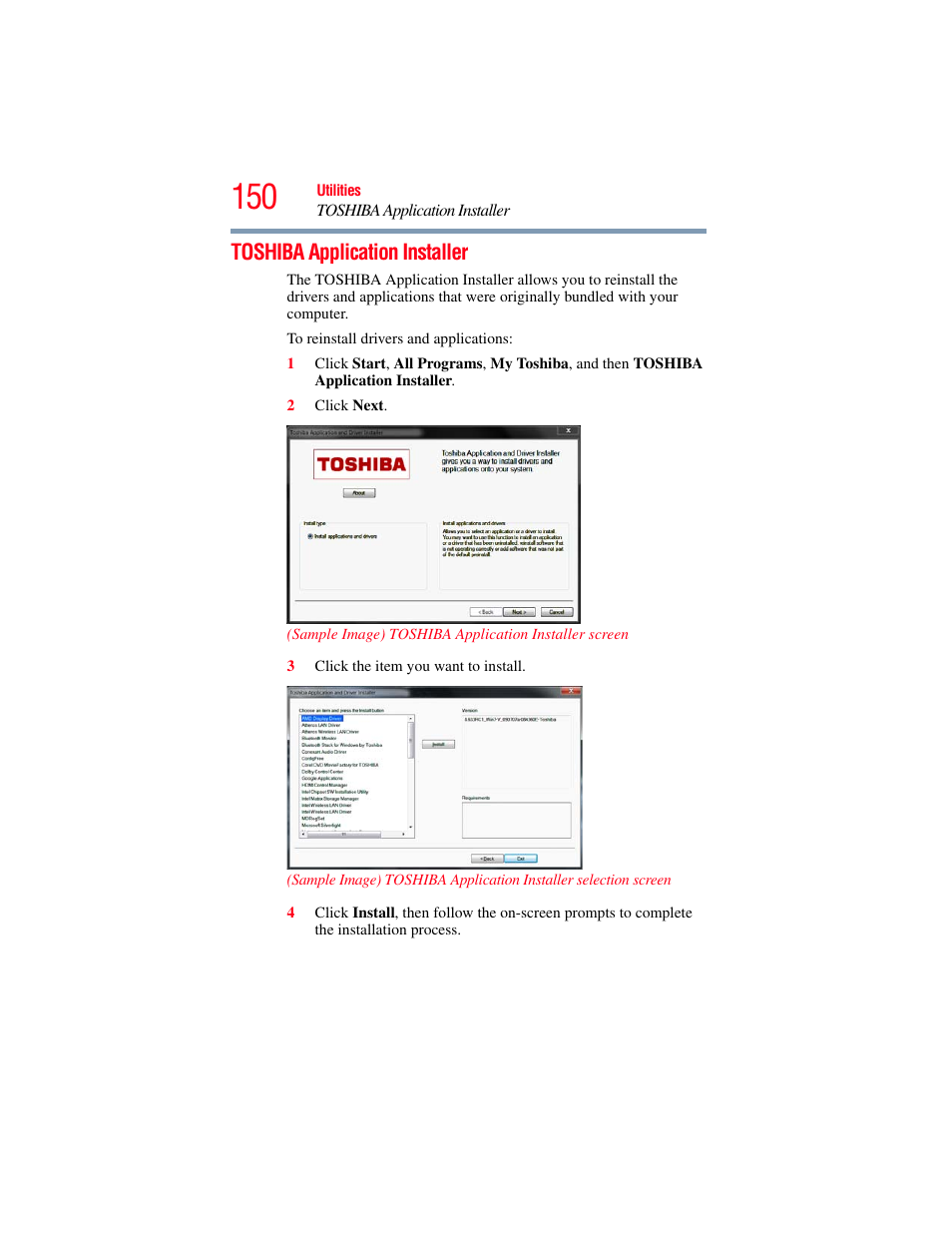 Toshiba application installer | Toshiba PORTEGE R700 series User Manual | Page 150 / 246