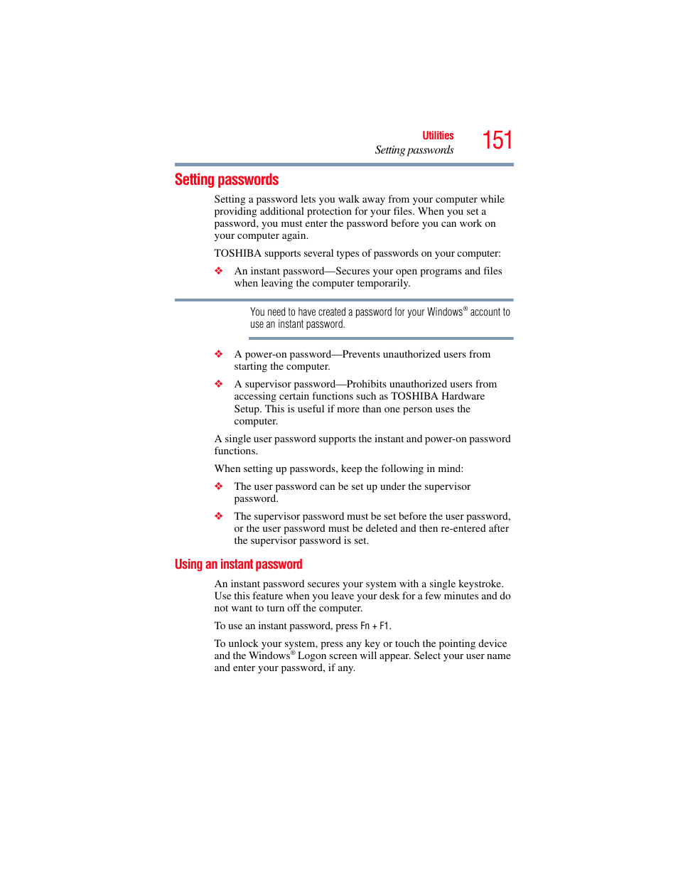 Setting passwords, Using an instant password | Toshiba PORTEGE R700 series User Manual | Page 151 / 246