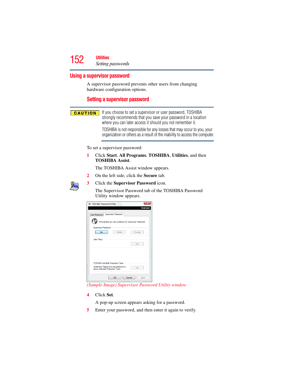 Using a supervisor password, Supervisor password | Toshiba PORTEGE R700 series User Manual | Page 152 / 246
