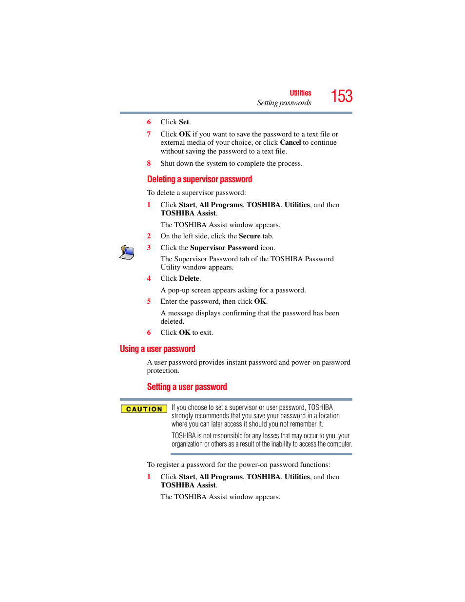 Using a user password, User password | Toshiba PORTEGE R700 series User Manual | Page 153 / 246