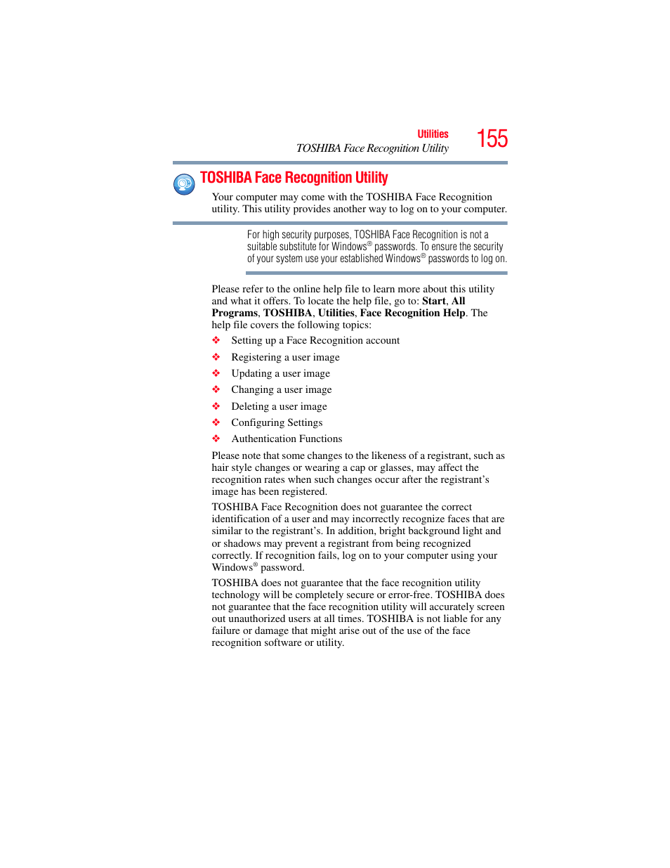 Toshiba face recognition utility | Toshiba PORTEGE R700 series User Manual | Page 155 / 246