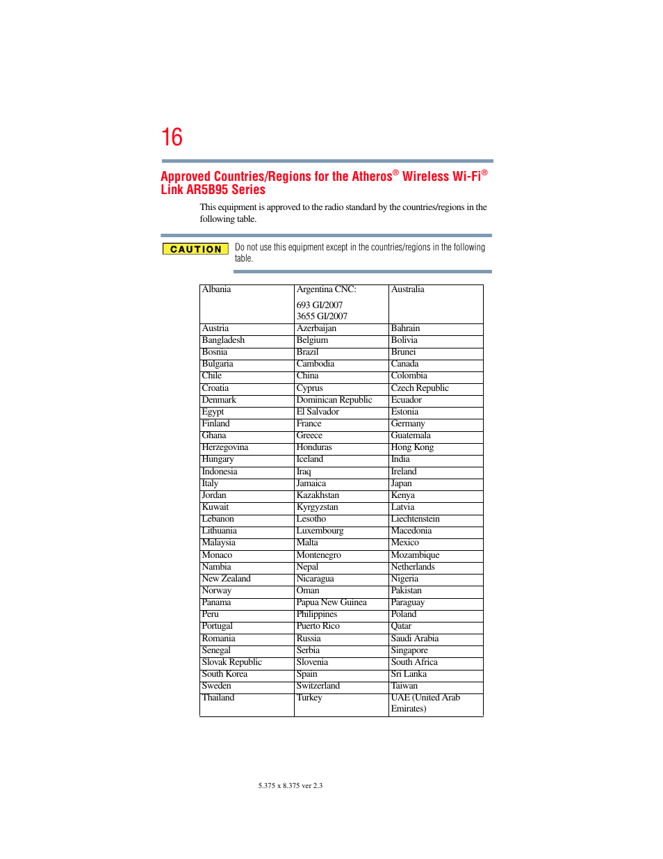 Approved countries/regions for the atheros, Wireless wi-fi, Link ar5b95 series | Toshiba PORTEGE R700 series User Manual | Page 16 / 246