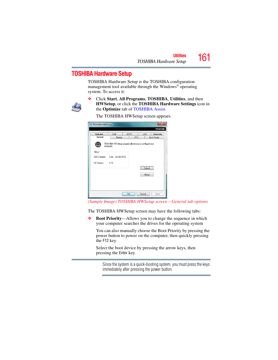 Toshiba hardware setup, Hardw | Toshiba PORTEGE R700 series User Manual | Page 161 / 246