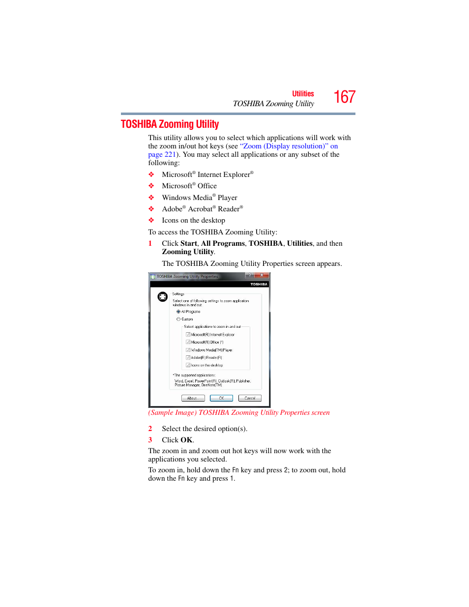 Toshiba zooming utility | Toshiba PORTEGE R700 series User Manual | Page 167 / 246