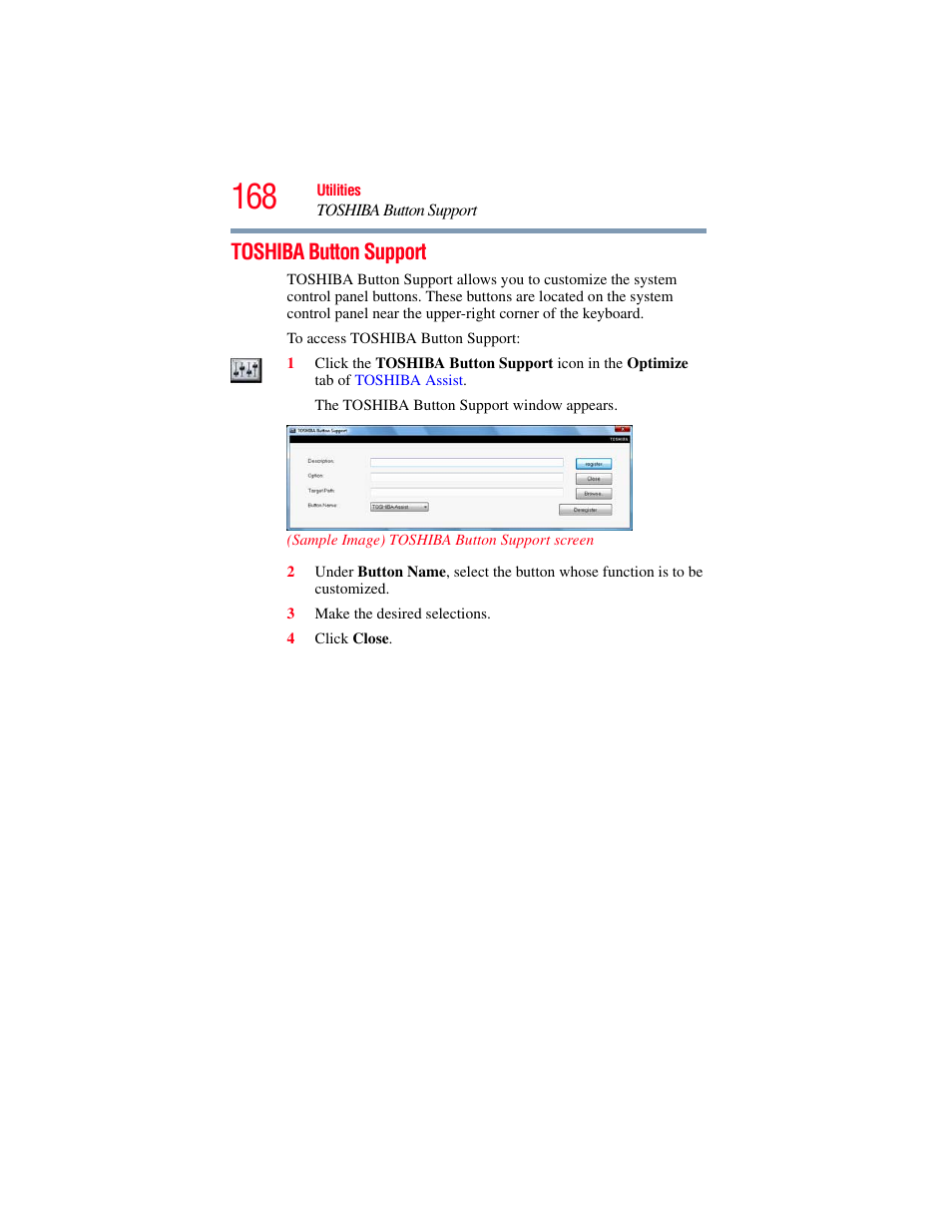 Toshiba button support | Toshiba PORTEGE R700 series User Manual | Page 168 / 246