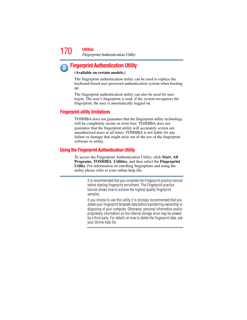 Fingerprint authentication utility, Fingerprint utility limitations, Using the fingerprint authentication utility | Toshiba PORTEGE R700 series User Manual | Page 170 / 246