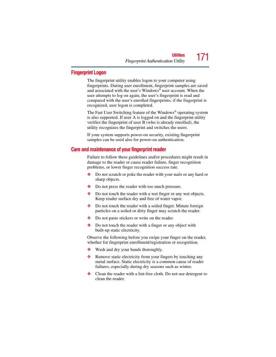 Fingerprint logon, Care and maintenance of your fingerprint reader, Reader | Toshiba PORTEGE R700 series User Manual | Page 171 / 246