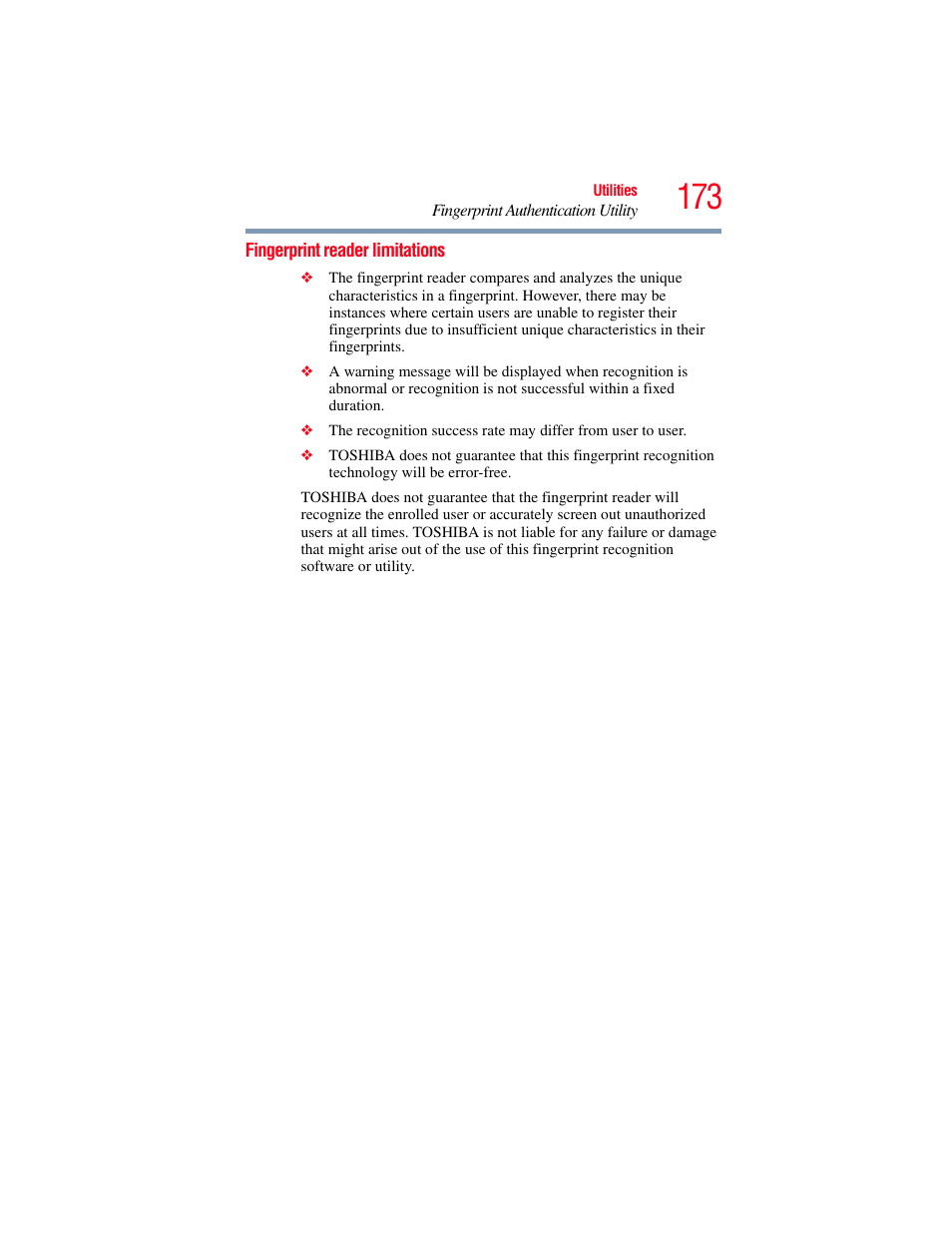 Fingerprint reader limitations | Toshiba PORTEGE R700 series User Manual | Page 173 / 246