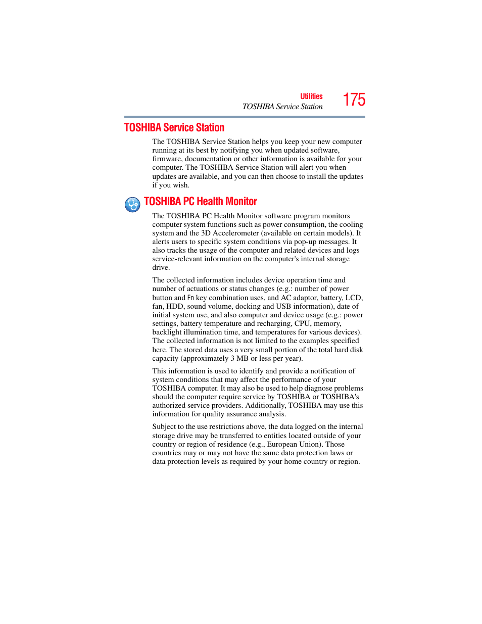 Toshiba service station, Toshiba pc health monitor, Toshiba service station toshiba pc health monitor | Toshiba PORTEGE R700 series User Manual | Page 175 / 246