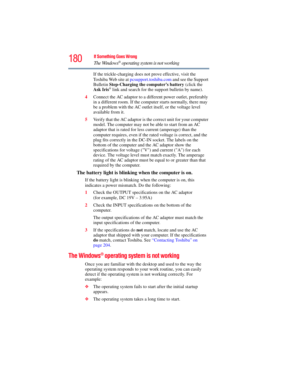 The windows® operating system is not working, The windows, Operating system is not | Working, Operating system is not working | Toshiba PORTEGE R700 series User Manual | Page 180 / 246