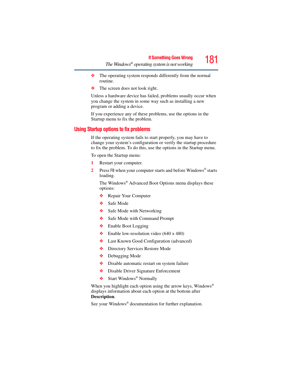 Using startup options to fix problems | Toshiba PORTEGE R700 series User Manual | Page 181 / 246