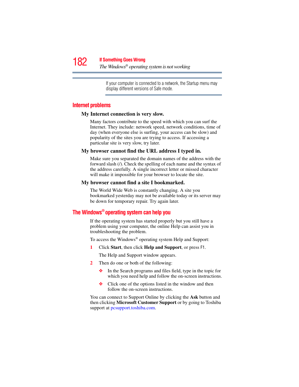 Internet problems, The windows® operating system can help you, Internet problems the windows | Operating system can, Help you | Toshiba PORTEGE R700 series User Manual | Page 182 / 246