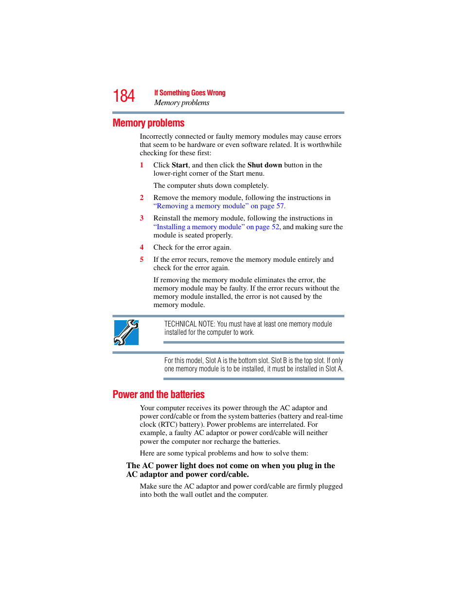 Memory problems, Power and the batteries, Memory problems power and the batteries | Toshiba PORTEGE R700 series User Manual | Page 184 / 246