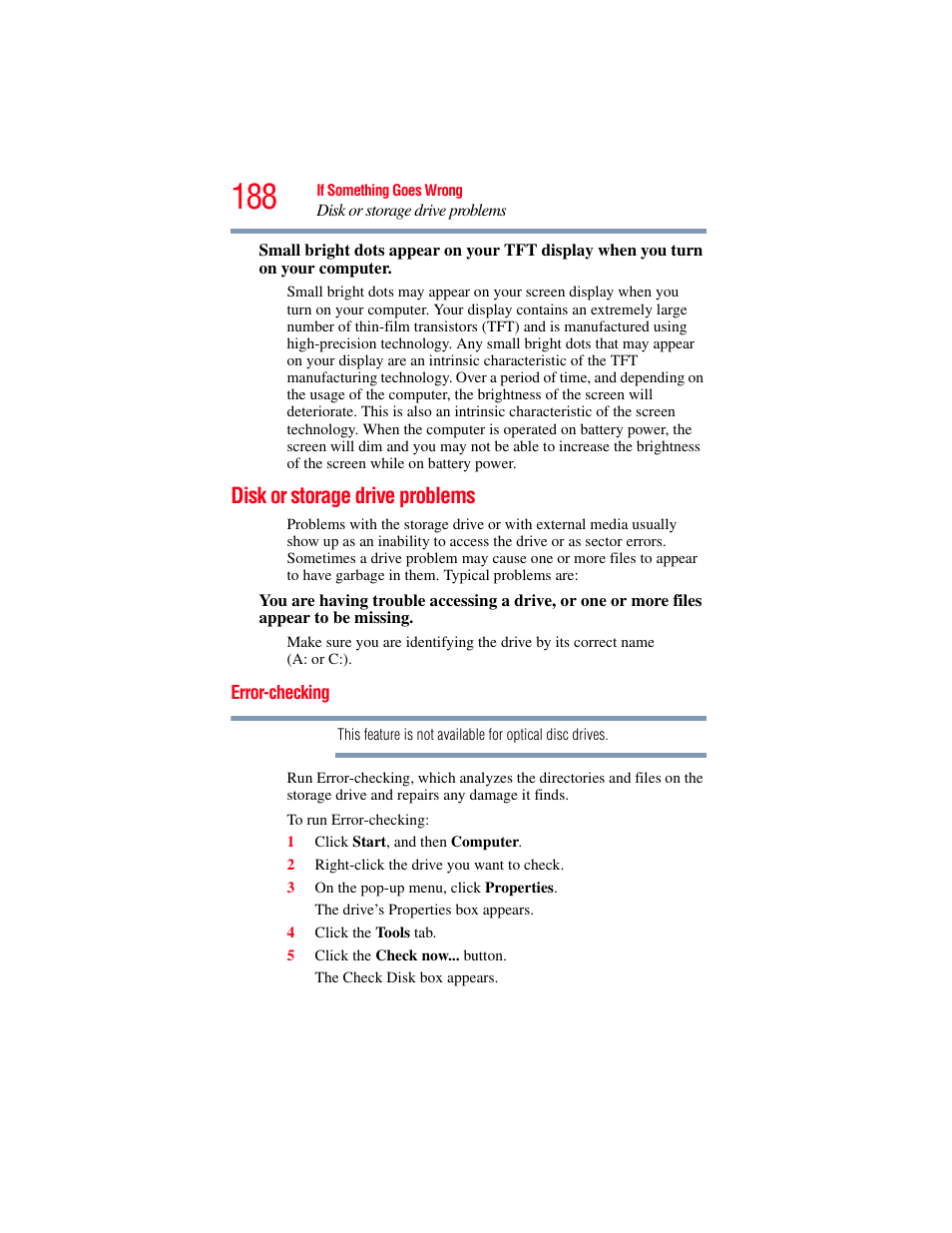 Disk or storage drive problems, Error-checking | Toshiba PORTEGE R700 series User Manual | Page 188 / 246