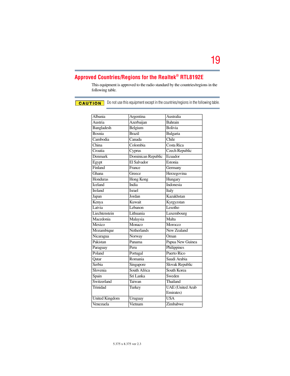 Approved countries/regions for the realtek, Rtl8192e | Toshiba PORTEGE R700 series User Manual | Page 19 / 246