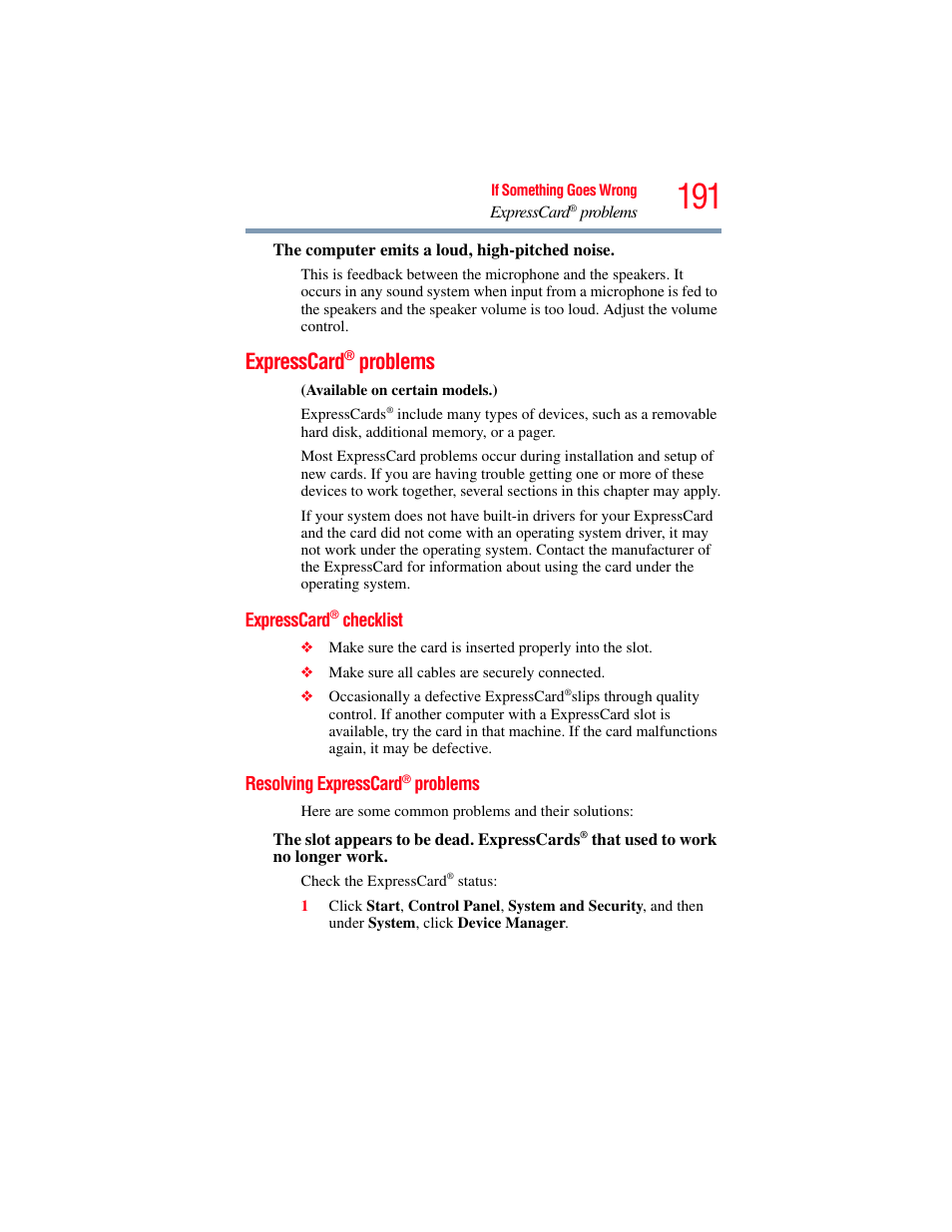 Expresscard® problems, Expresscard® checklist, Resolving expresscard® problems | Expresscard, Problems, Checklist, Resolving expresscard | Toshiba PORTEGE R700 series User Manual | Page 191 / 246