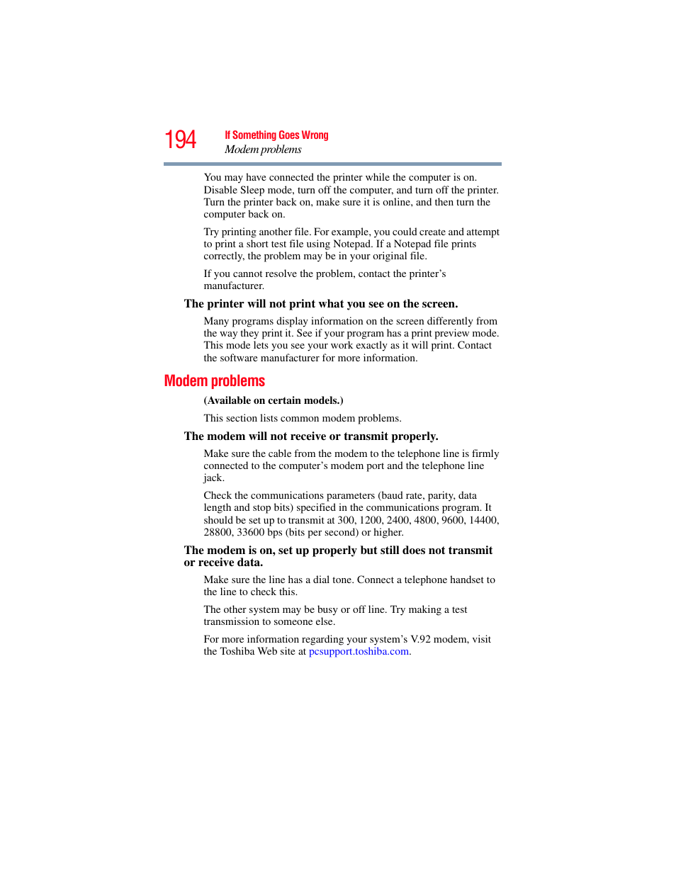 Modem problems | Toshiba PORTEGE R700 series User Manual | Page 194 / 246