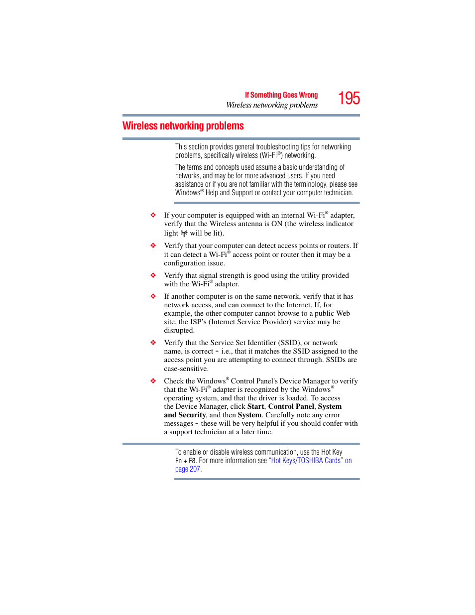 Wireless networking problems, Wireless | Toshiba PORTEGE R700 series User Manual | Page 195 / 246