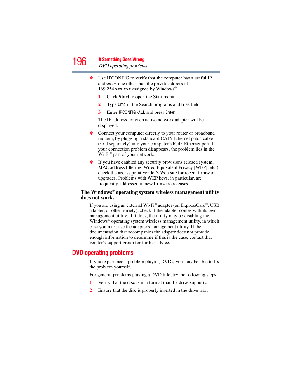 Dvd operating problems | Toshiba PORTEGE R700 series User Manual | Page 196 / 246