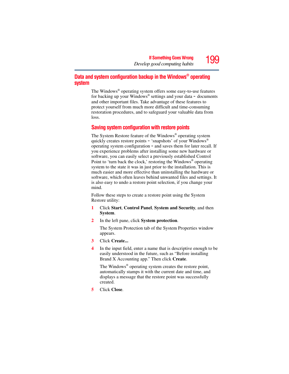 Data and system configuration backup in, The windows, Operating system | Toshiba PORTEGE R700 series User Manual | Page 199 / 246