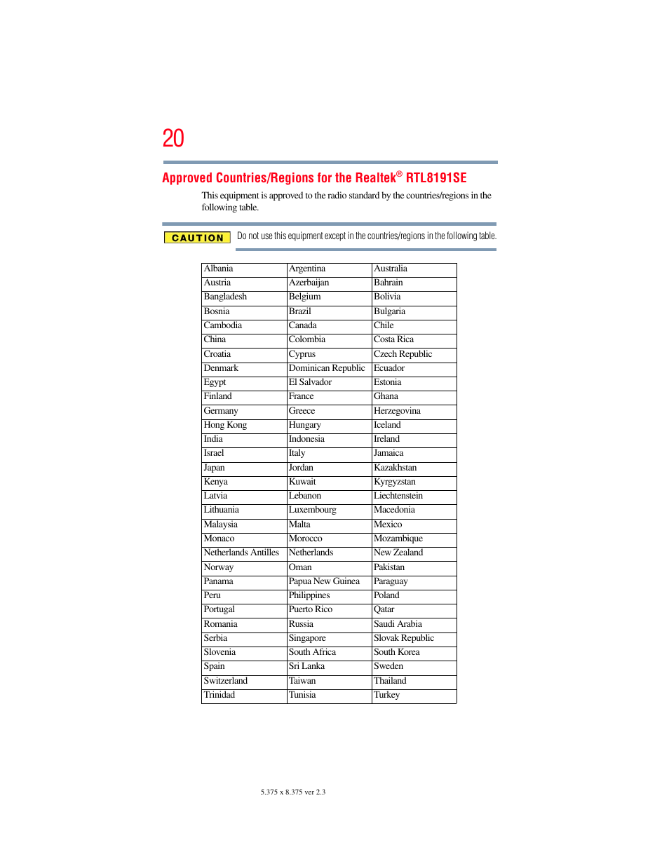 Approved countries/regions for the realtek, Rtl8191se | Toshiba PORTEGE R700 series User Manual | Page 20 / 246