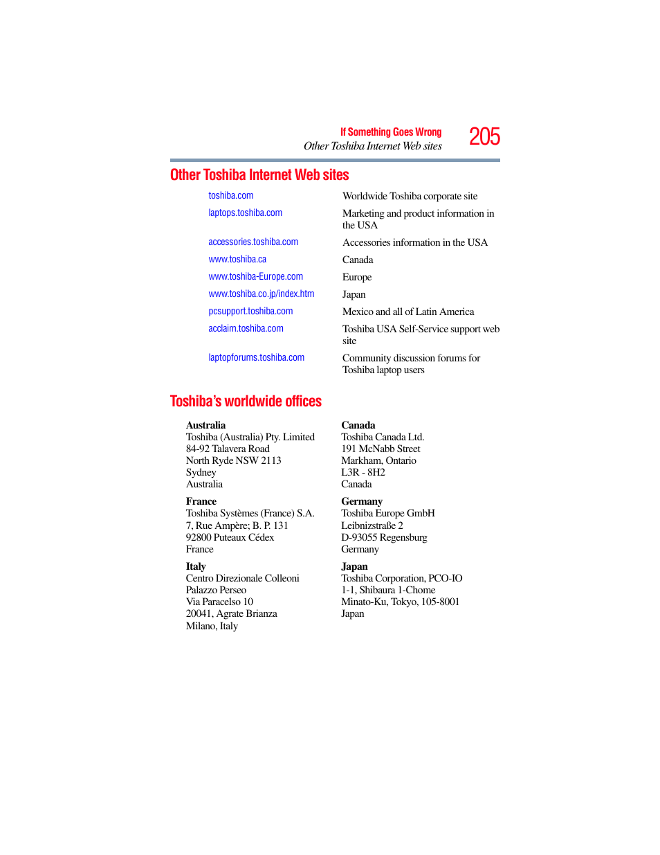 Other toshiba internet web sites, Toshiba’s worldwide offices | Toshiba PORTEGE R700 series User Manual | Page 205 / 246