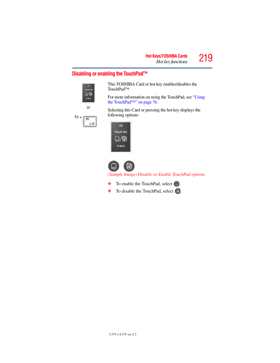 Disabling or enabling the touchpad | Toshiba PORTEGE R700 series User Manual | Page 219 / 246