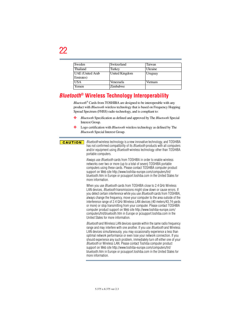 Bluetooth, Wireless technology interoperability | Toshiba PORTEGE R700 series User Manual | Page 22 / 246