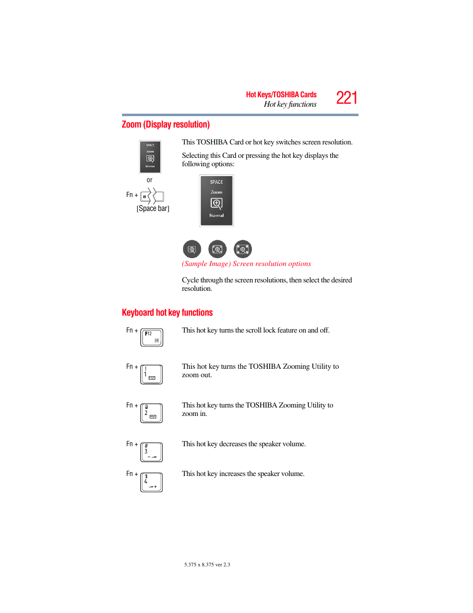 Zoom (display resolution), Keyboard hot key functions | Toshiba PORTEGE R700 series User Manual | Page 221 / 246