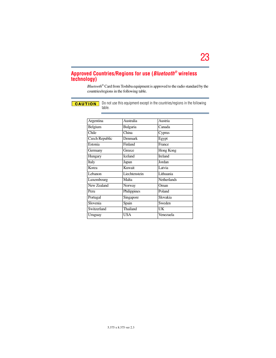 Approved countries/regions for use ( bluetooth, Wireless technology) | Toshiba PORTEGE R700 series User Manual | Page 23 / 246