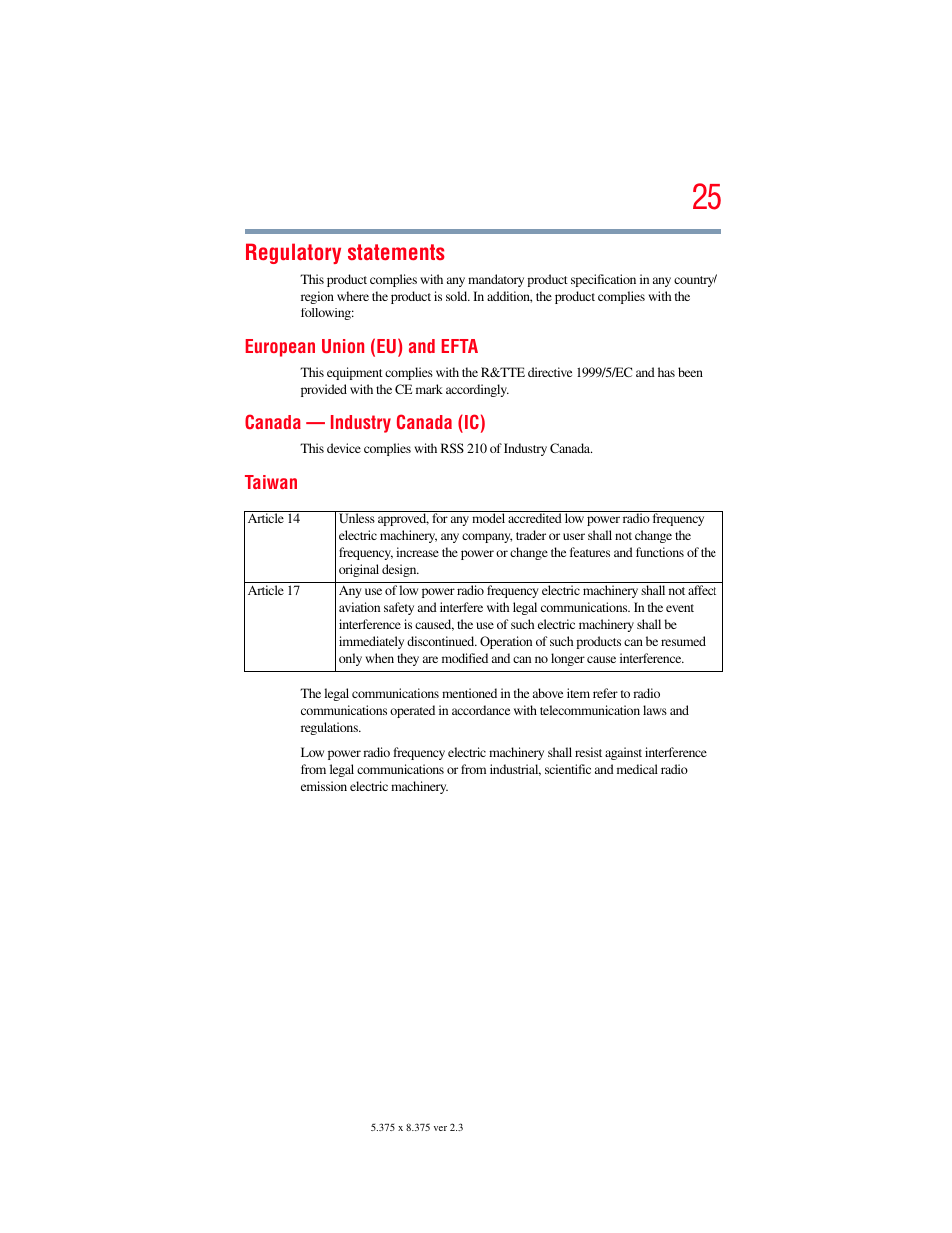 Regulatory statements | Toshiba PORTEGE R700 series User Manual | Page 25 / 246