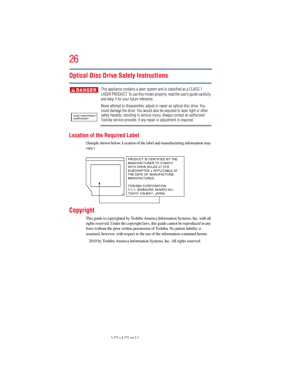 Optical disc drive safety instructions, Copyright | Toshiba PORTEGE R700 series User Manual | Page 26 / 246