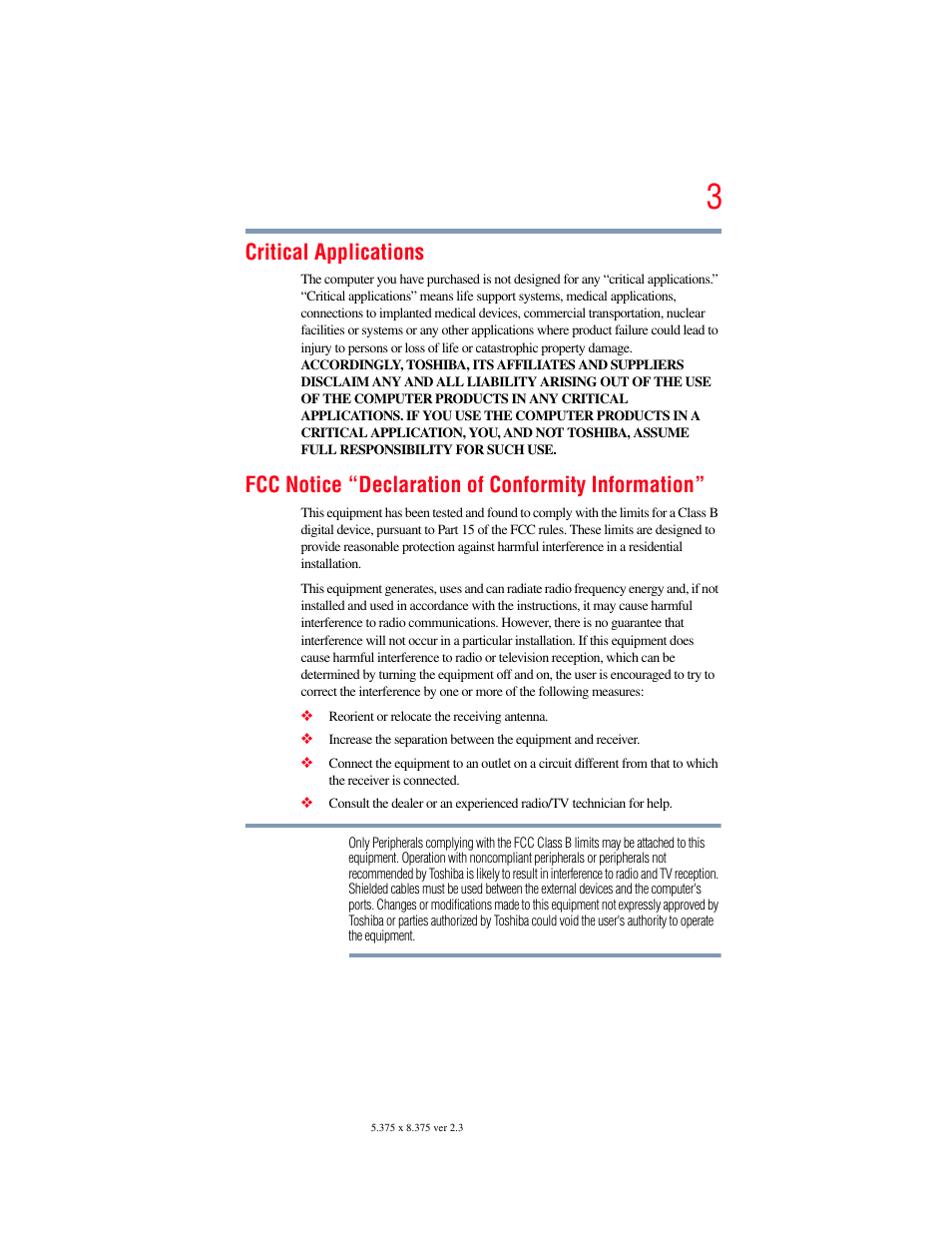 Critical applications, Fcc notice “declaration of conformity information | Toshiba PORTEGE R700 series User Manual | Page 3 / 246