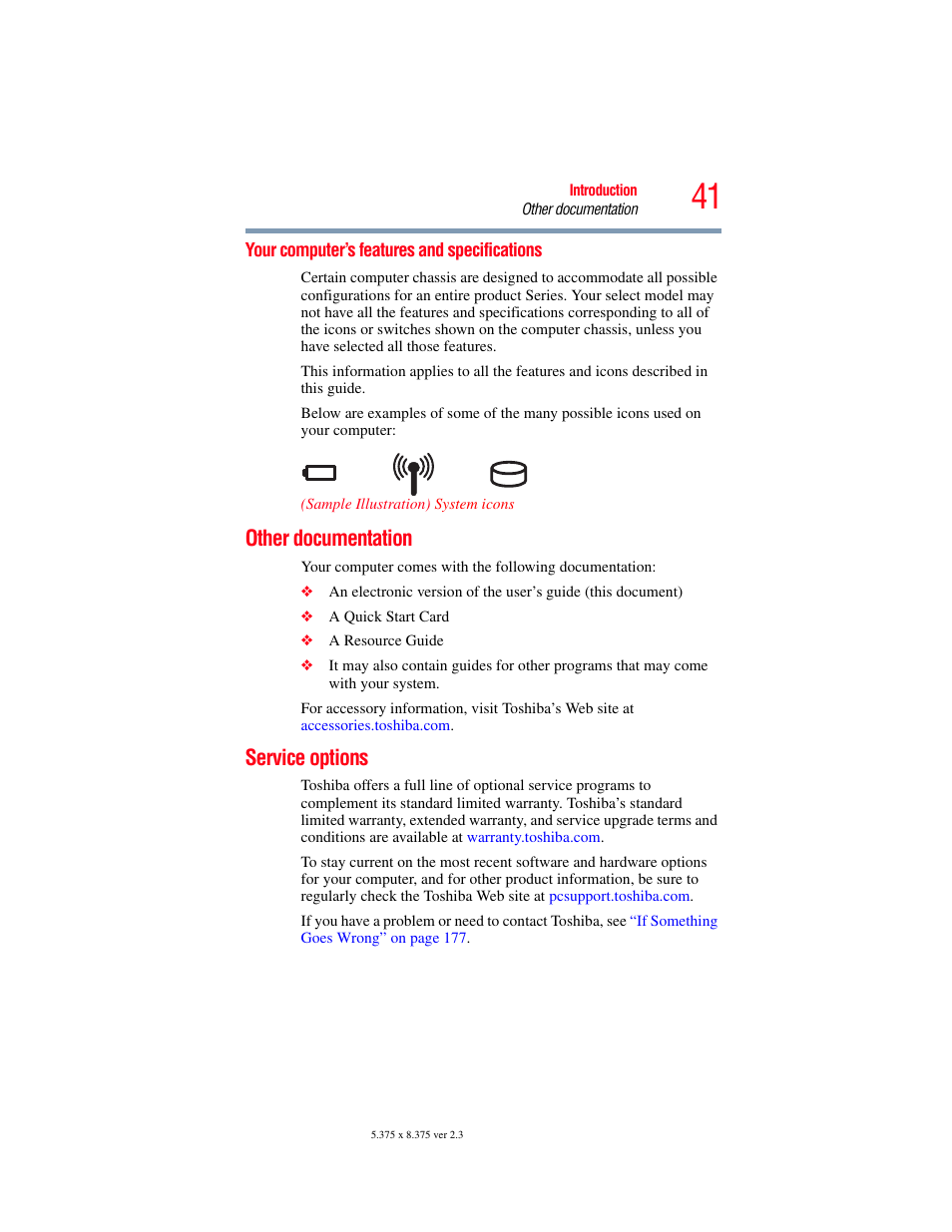 Your computer’s features and specifications, Other documentation, Service options | Other documentation service options | Toshiba PORTEGE R700 series User Manual | Page 41 / 246