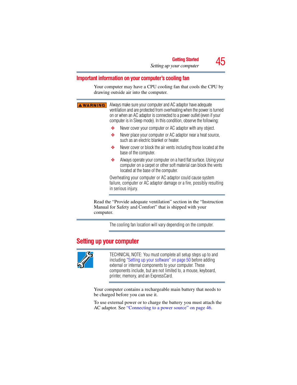 Setting up your computer, Important information on your computer’s, Cooling fan | Toshiba PORTEGE R700 series User Manual | Page 45 / 246
