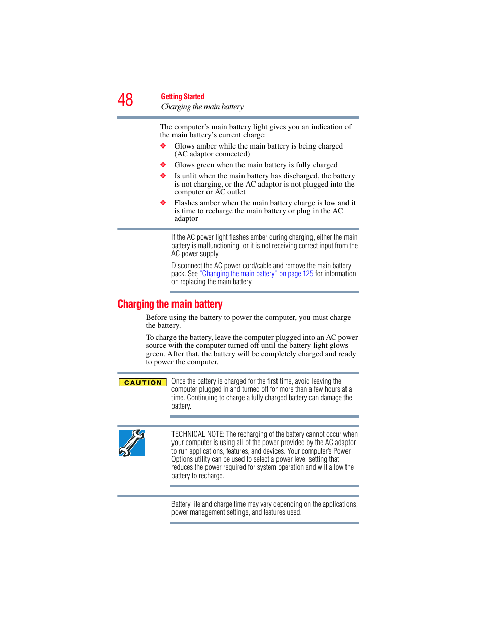 Charging the main battery | Toshiba PORTEGE R700 series User Manual | Page 48 / 246