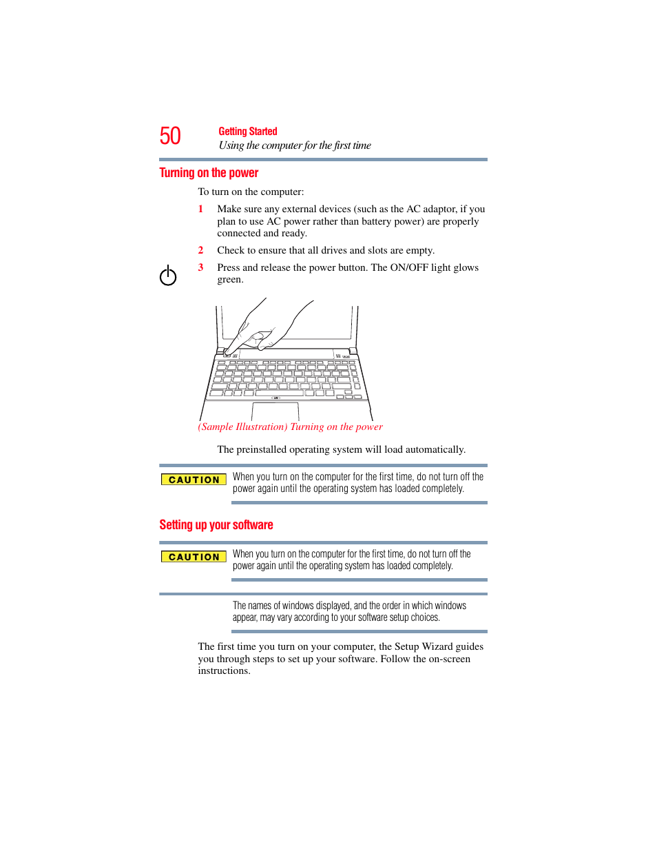 Turning on the power, Setting up your software, Turning on the power setting up your software | Toshiba PORTEGE R700 series User Manual | Page 50 / 246