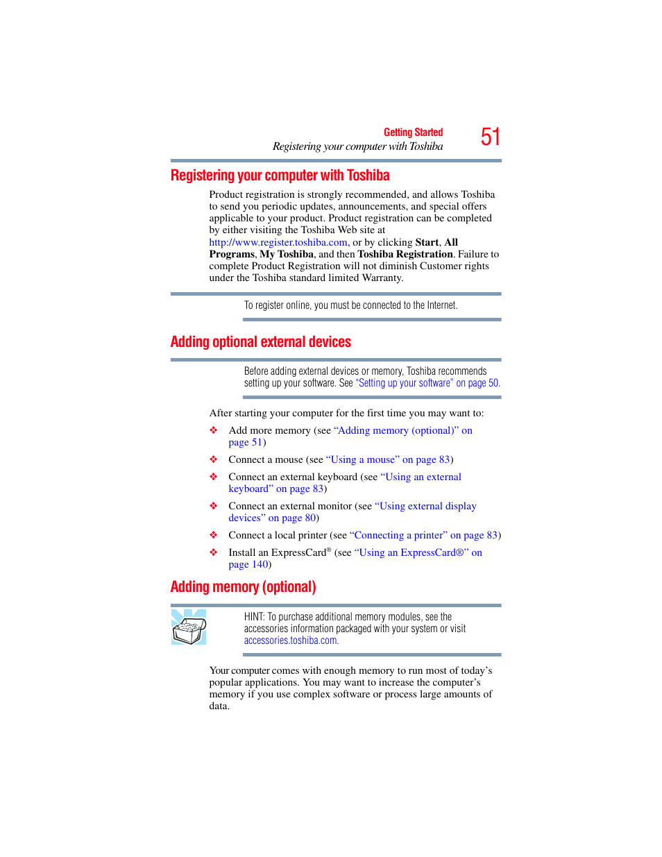 Registering your computer with toshiba, Adding optional external devices, Adding memory (optional) | Toshiba PORTEGE R700 series User Manual | Page 51 / 246