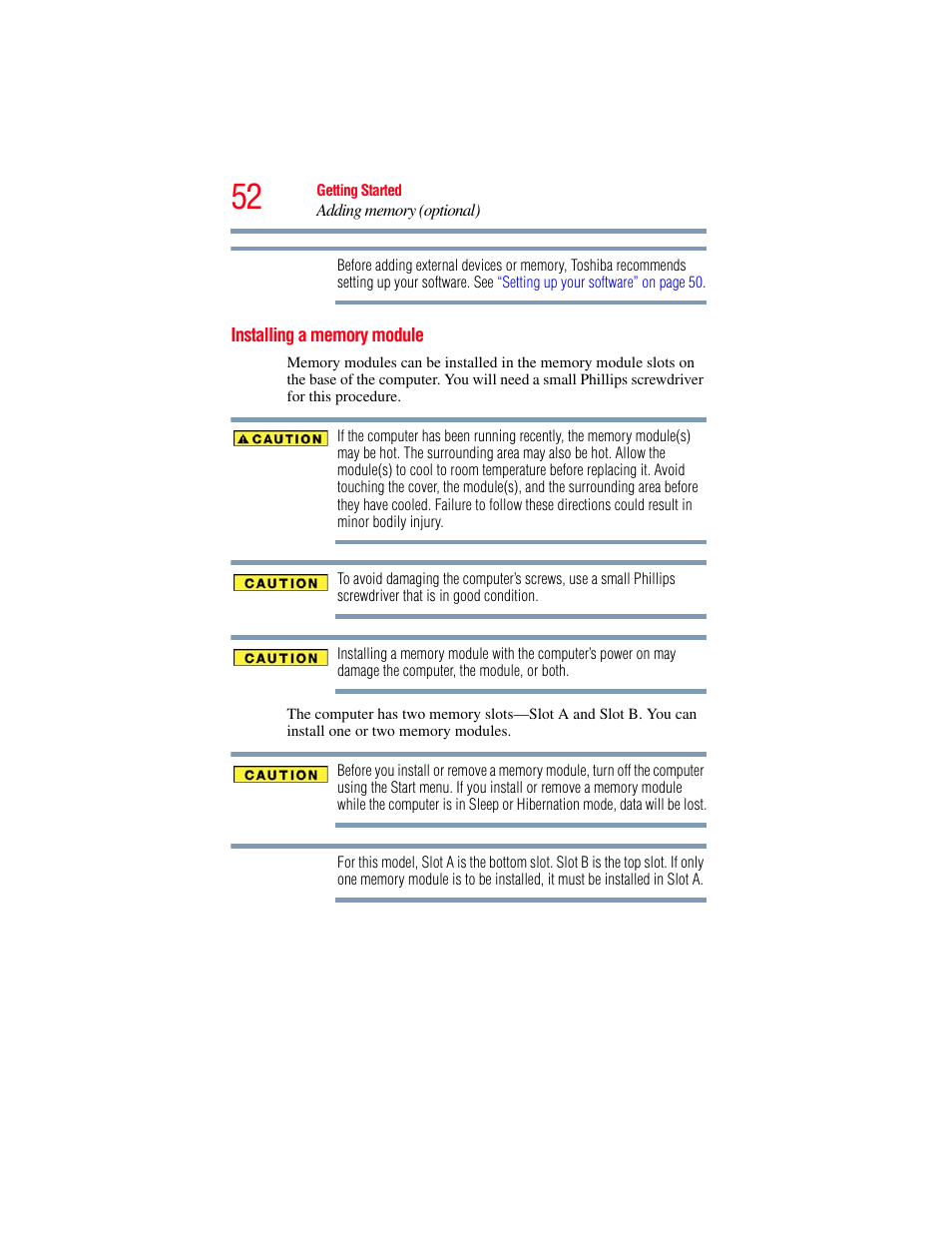 Installing a memory module | Toshiba PORTEGE R700 series User Manual | Page 52 / 246