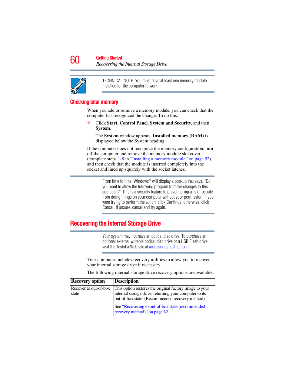 Checking total memory, Recovering the internal storage drive | Toshiba PORTEGE R700 series User Manual | Page 60 / 246