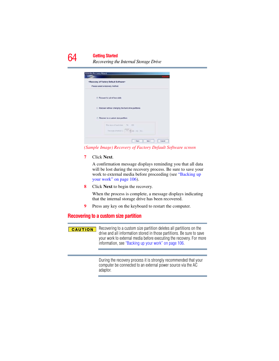 Recovering to a custom size partition | Toshiba PORTEGE R700 series User Manual | Page 64 / 246