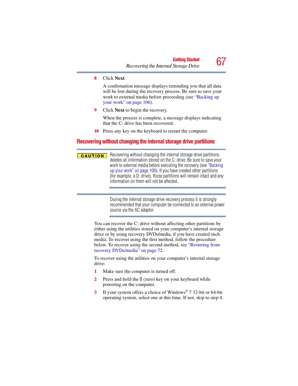 Recovering without changing the internal, Storage drive partitions, Recovering without changing the internal storage | Toshiba PORTEGE R700 series User Manual | Page 67 / 246