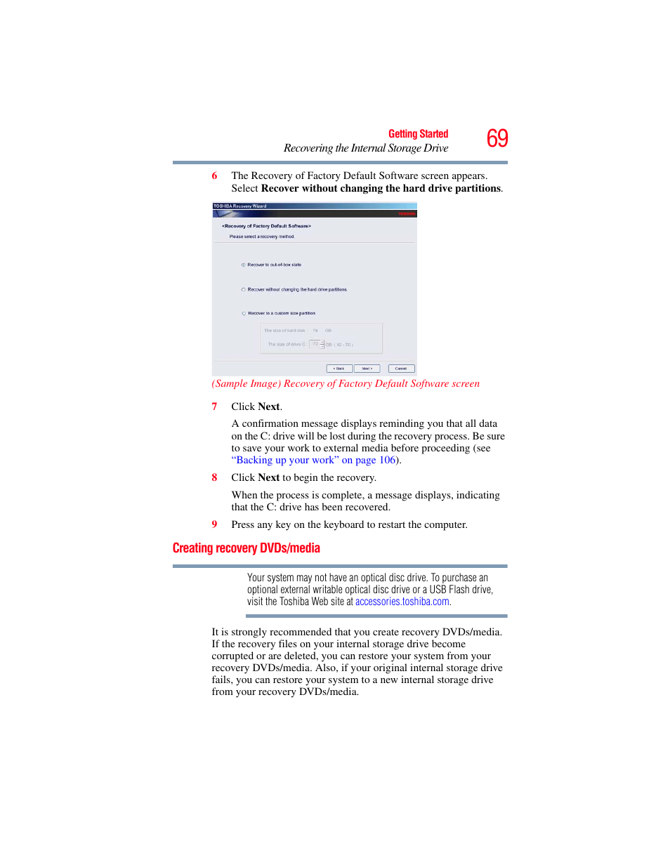 Creating recovery dvds/media, Creating recovery | Toshiba PORTEGE R700 series User Manual | Page 69 / 246