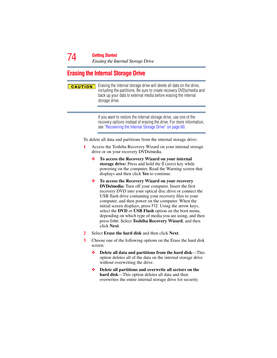 Erasing the internal storage drive | Toshiba PORTEGE R700 series User Manual | Page 74 / 246