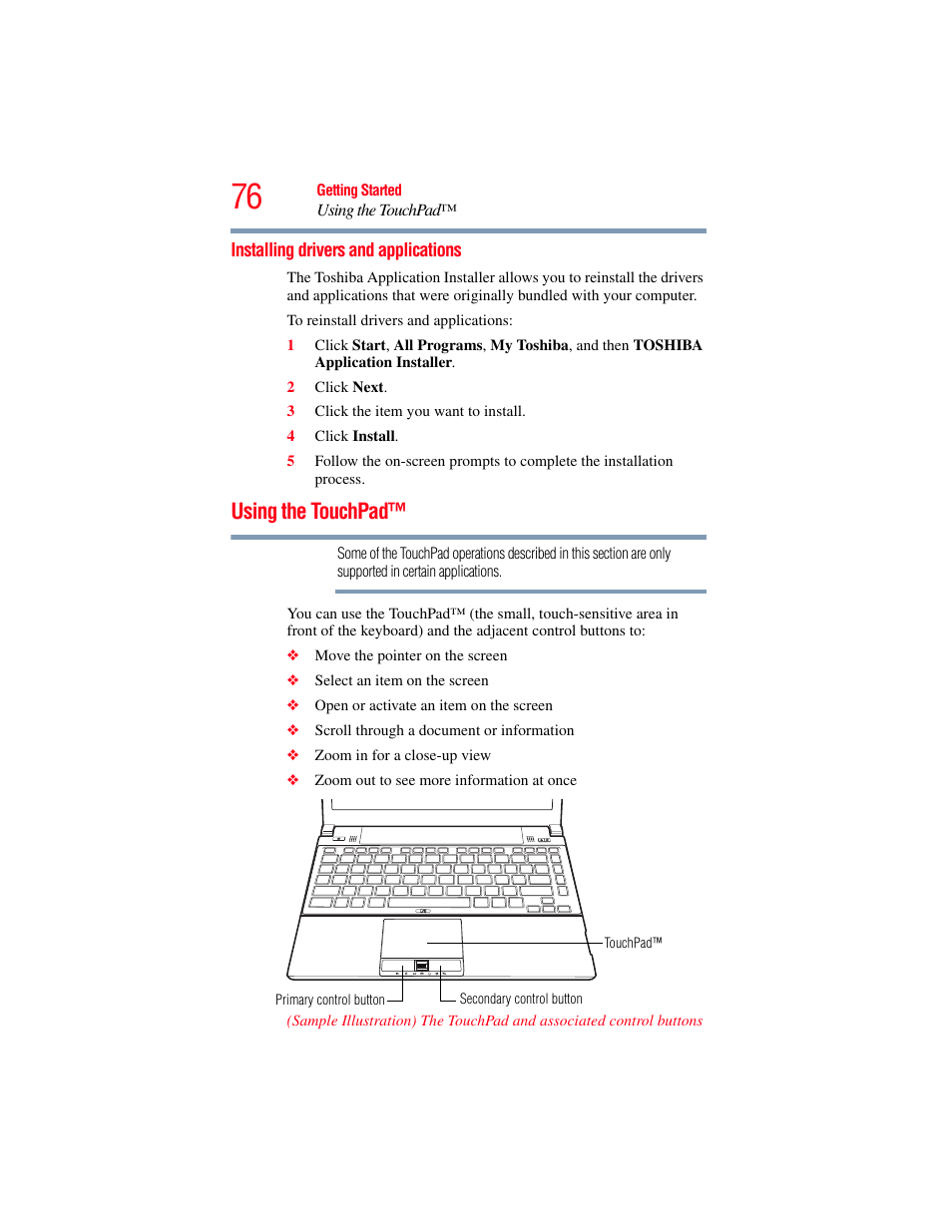 Installing drivers and applications, Using the touchpad | Toshiba PORTEGE R700 series User Manual | Page 76 / 246